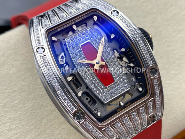 ZF Factory Richard Mille RM07 31.4mm Diamond White Gold Red Rubber Strap Skeletonized Black Dial (2) ZF Factory Richard Mille RM 07 31.4mm Diamond White Gold Red Rubber Strap Skeletonized Black Dial
