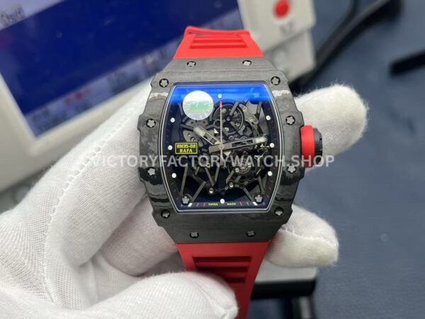 ZF Factory Richard Mille RM35-02 Black Carbon Fiber Red Rubber Strap Black Skeletonized Dial (4) ZF Factory Richard Mille RM 35-02 black carbon fiber red rubber strap black skeletonized dial