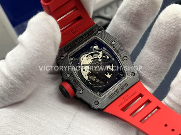 ZF Factory Richard Mille RM35-02 Black Carbon Fiber Red Rubber Strap Black Skeletonized Dial (9) ZF Factory Richard Mille RM 35-02 Black Carbon Fiber Red Rubber Strap Black Skeletonized Dial