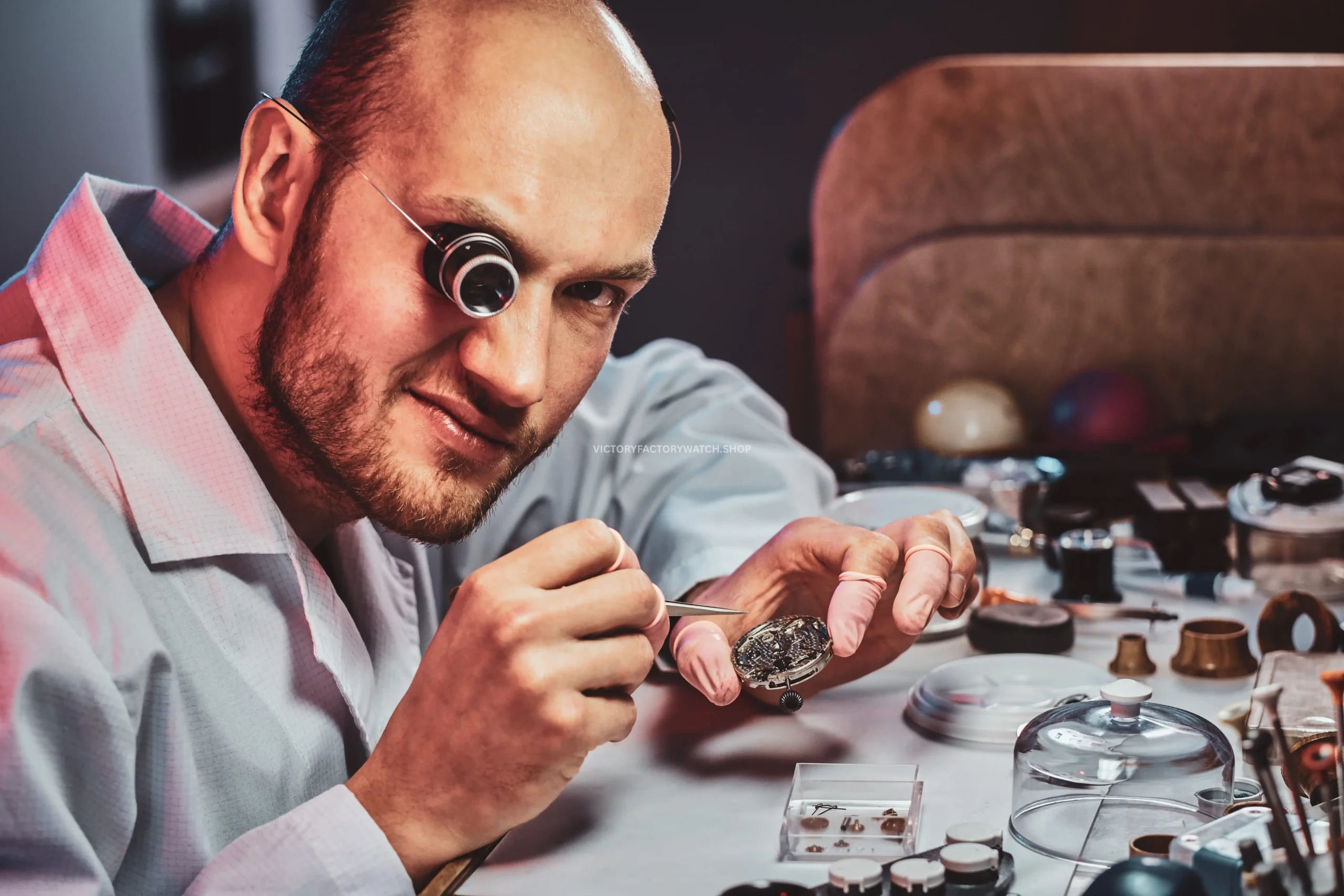 Professional watchmaker inspecting a super clone watch during quality control and movement testing