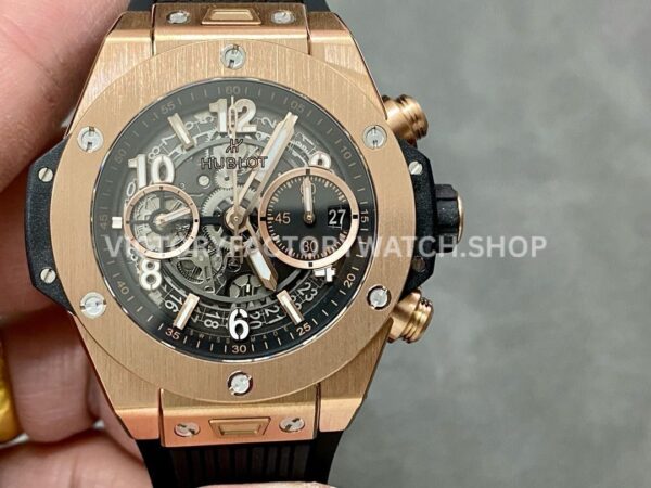 BBF Factory Hublot Big Bang Unico 42mm 441.0X.1180.RX Rose Gold Black Rubber Strap Rose Gold (8) BBF Factory Hublot Big Bang Unico 441.OX.1180.RX 42mm rose gold black rubber strap rose gold skeletonized dial replica watch