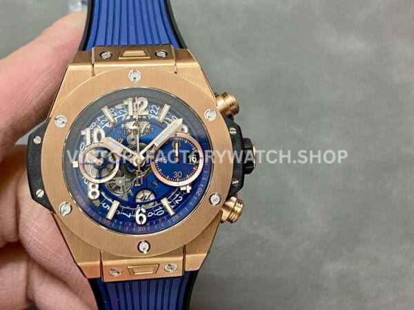 BBF Factory Hublot Big Bang Unico 42mm 441.OX.5181.RX Rose Gold Blue Rubber Strap Blue Dial (2) BBF Factory Hublot Big Bang Unico 441.OX.5181.RX 42mm rose gold blue rubber strap blue dial replica watch