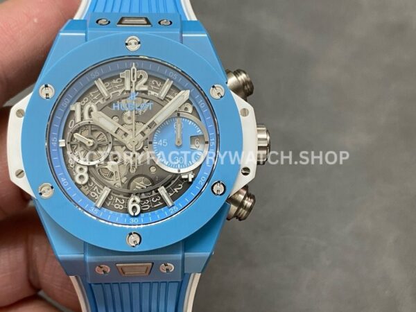 BBF Factory Hublot Big Bang Unico 441.EX.5120.RX 42mm Light Blue Ceramics Light ( (8) BBF Factory Hublot Big Bang Unico 441.EX.5120.RX 42mm light blue ceramics light blue rubber strap light blue skeletonized dial replica watch