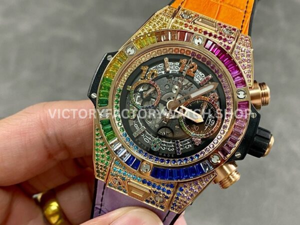 BBF Factory Hublot King Gold Rainbow Big Bang Unico 441 BBF Factory Hublot King Gold Rainbow Big Bang Unico 441.ox.9910.LR.0999 45mm Rose Gold Diamond Leather Strap Skeletonized Arabic Numerals Dial