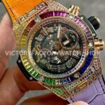 BBF Factory Hublot King Gold Rainbow Big Bang Unico 441 (1) BBF Factory Hublot King Gold Rainbow Big Bang Unico 441.ox.9910.LR.0999 45mm Rose Gold Diamond Leather Strap Skeletonized Arabic Numerals Dial