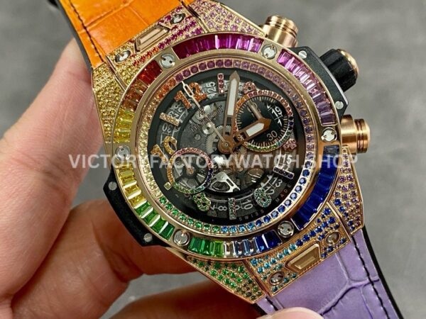 BBF Factory Hublot King Gold Rainbow Big Bang Unico 441 (1) BBF Factory Hublot King Gold Rainbow Big Bang Unico 441.ox.9910.LR.0999 45mm Rose Gold Diamond Leather Strap Skeletonized Arabic Numerals Dial