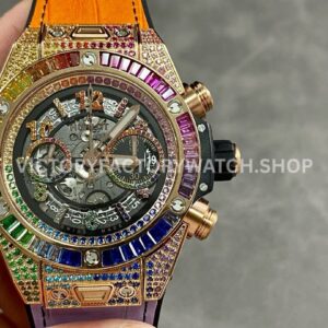BBF Factory Hublot King Gold Rainbow Big Bang Unico 441.OX.9910.LR.0999 45mm rose gold diamond leather strap skeletonized Arabic numerals dial replica watch