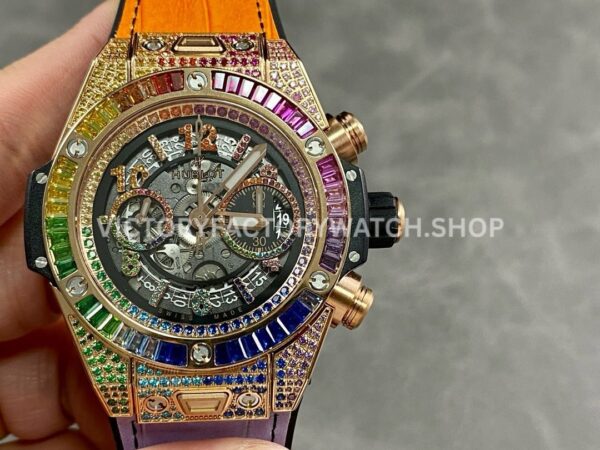 BBF Factory Hublot King Gold Rainbow Big Bang Unico 441 (3) BBF Factory Hublot King Gold Rainbow Big Bang Unico 441.OX.9910.LR.0999 45mm rose gold diamond leather strap skeletonized Arabic numerals dial replica watch