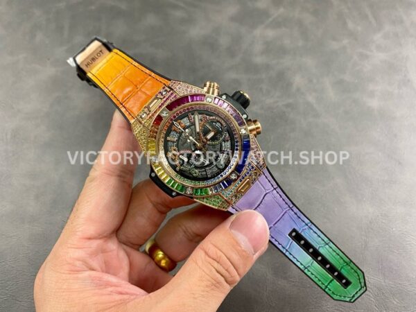 BBF Factory Hublot King Gold Rainbow Big Bang Unico 441 (7) BBF Factory Hublot King Gold Rainbow Big Bang Unico 441.ox.9910.LR.0999 45mm Rose Gold Diamond Leather Strap Skeletonized Arabic Numerals Dial