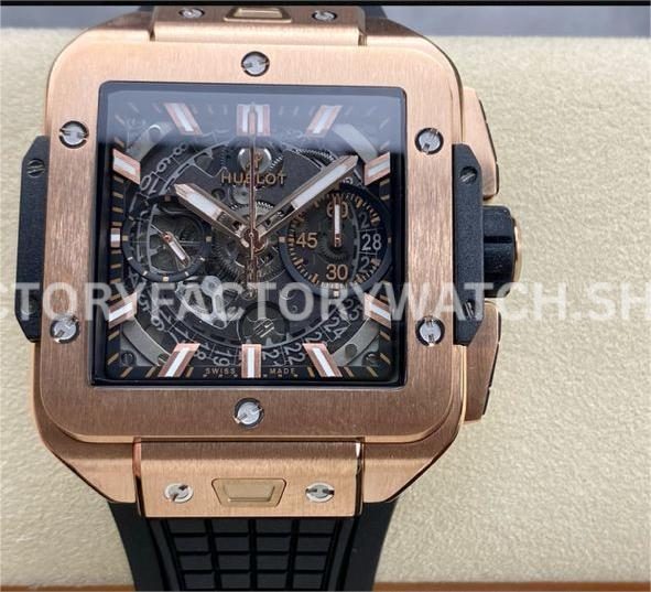 BBF Factory Hublot Square Bang 821.OX.0180.RX 42mm Rose Gold Rubber Strap Skeletonized Dial (1) BBF Factory Hublot Square Bang 821.OX.0180.RX 42mm rose gold rubber strap skeletonized dial replica watch