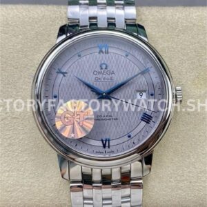 GT Factory Omega De Ville Prestige 424.13.40.20.06.002 39.5mm full steel blue Roman numeral silver web weaving dial replica watch