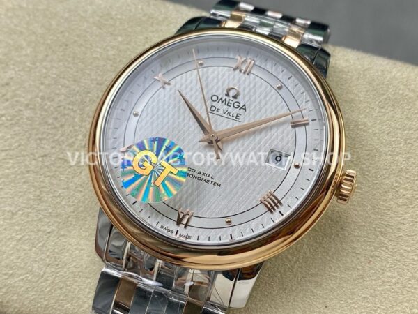 GT Factory Omega De Ville Prestige 424.20.40.20.02.003 39.5mm Half Yellow Gold Steel Gold Roman Number Silver Web Weaving Dial