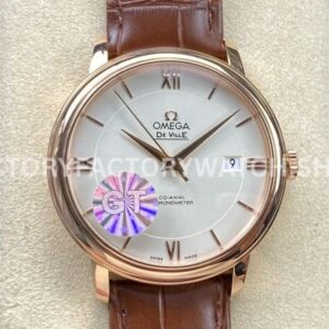 GT Factory Omega De Ville Prestige 424.53.40.20.02.001 39.5mm rose gold leather strap gold Roman numeral silver dial replica watch