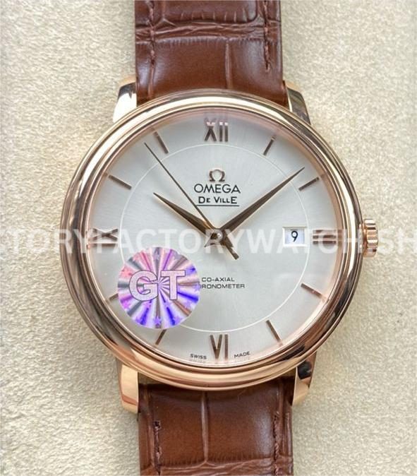 GT Factory Omega De Ville Prestige 424.53.40.20.02.001 39.5mm Rose Gold Leather Strap Gold Ro GT Factory Omega De Ville Prestige 424.53.40.20.02.001 39.5mm rose gold leather strap gold Roman numeral silver dial replica watch