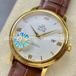 GT Factory Omega De Ville Prestige 424.53.40.20.02.002 39.5mm Gold Leather Strap Gold Roman Number GT Factory Omega De Ville Prestige 424.53.40.20.02.002 39.5mm Yellow Gold Leather Strap Gold Roman Number Silver Dial
