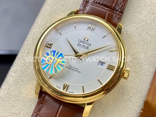 GT Factory Omega De Ville Prestige 424.53.40.20.02.002 39.5mm Gold Leather Strap Gold Roman Number GT Factory Omega De Ville Prestige 424.53.40.20.02.002 39.5mm Yellow Gold Leather Strap Gold Roman Number Silver Dial