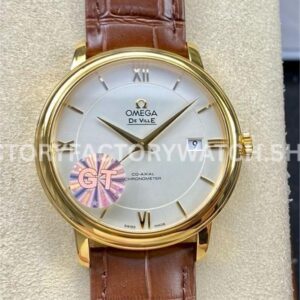 GT Factory Omega De Ville Prestige 424.53.40.20.02.002 39.5mm gold leather strap gold Roman numeral silver dial replica watch
