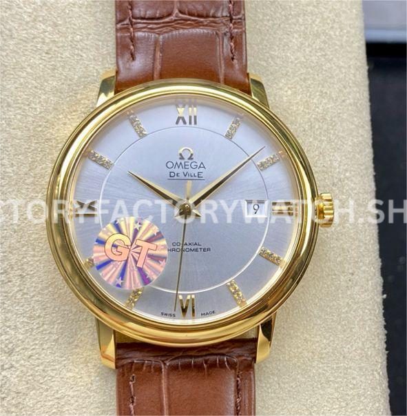GT Factory Omega De Ville Prestige 424.53.40.20.52.001 39.5mm Gold Leather Strap Gold Roman Number (6) GT Factory Omega De Ville Prestige 424.53.40.20.52.001 39.5mm yellow gold leather strap silver dial gold Roman numeral replica watch