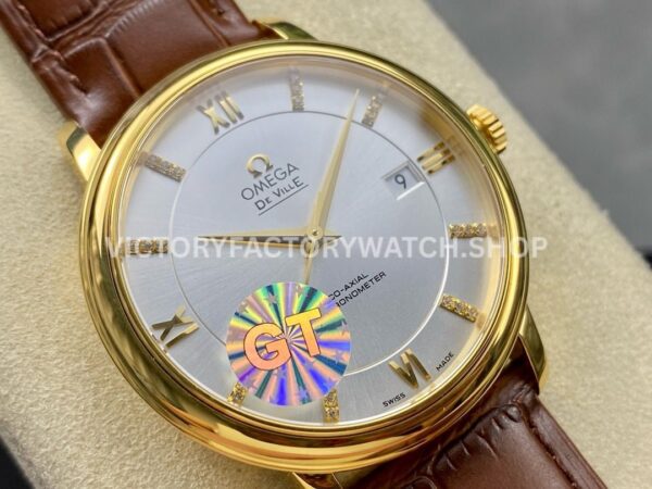 GT Factory Omega De Ville Prestige 424.53.40.20.52.001 39.5mm Gold Leather Strap Gold Roman Number (7) GT Factory Omega De Ville Prestige 424.53.40.20.52.001 39.5mm Yellow Gold Leather Strap Gold Roman Number Silver Dial