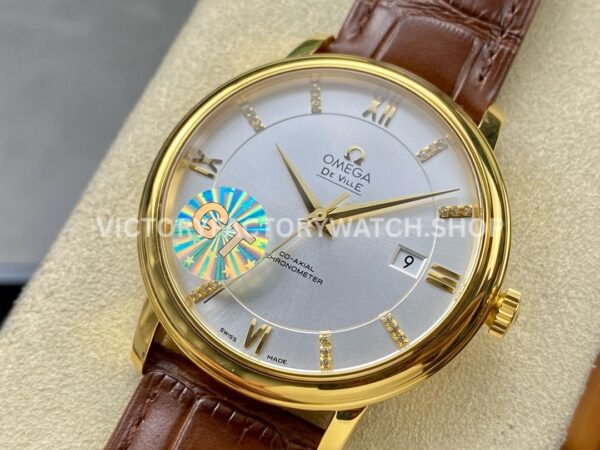 GT Factory Omega De Ville Prestige 424.53.40.20.52.001 39.5mm Gold Leather Strap Gold Roman Number (9) GT Factory Omega De Ville Prestige 424.53.40.20.52.001 39.5mm Yellow Gold Leather Strap Gold Roman Number Silver Dial
