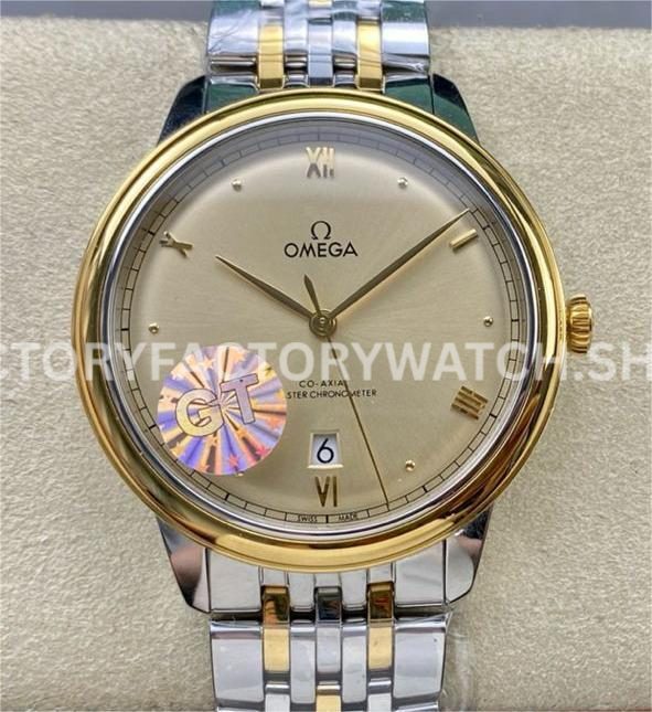 GT Factory Omega De Ville Prestige 434.20.40.20.08.001 40mm half yellow gold steel champagne dial gold Roman numeral replica watch
