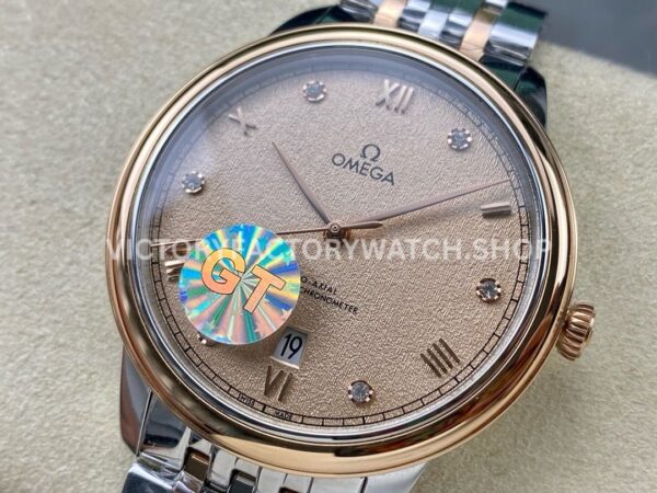 GT Factory Omega De Ville Prestige 434.20.40.20.59.001 40mm Half Rose Gold S (8) GT Factory Omega De Ville Prestige 434.20.40.20.59.001 40mm Half Rose Gold Steel Rose Gold Diamond Point Roman Number Champagne Dial