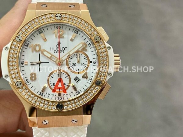 HB Factory Hublot Big Bang 301.PE.230.RW.114 44mm rose gold rubber strap diamond bezel white dial replica watch