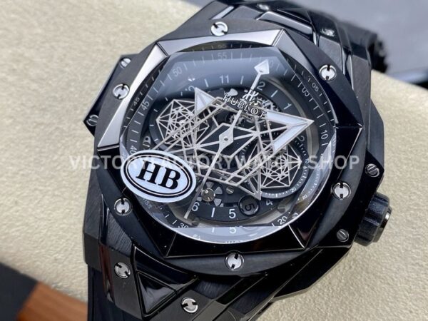 HB Factory Hublot Big Bang Sang Bleu 418.CX.1107.RX.MXM22 45mm Ceramic Black Rubber Strap White Needle Skeletonized Black Dial