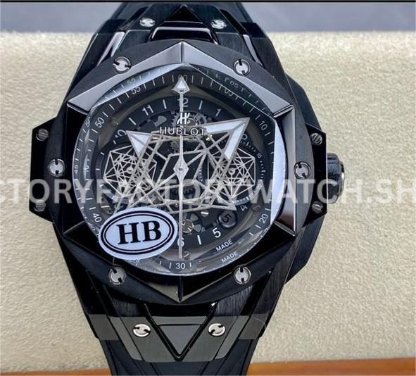 HB Factory Hublot Big Bang Sang Bleu 418.CX.1107.RX.MXM22 45mm ceramic black rubber strap white needle skeletonized black dial replica watch