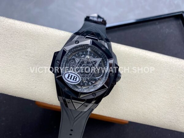 HB Factory Hublot Big Bang Sang Bleu 418.CX.1114.RX.MXM20 45mm Ceramic Black Rubber Strap Grey Needle Skeletonized Black Dial