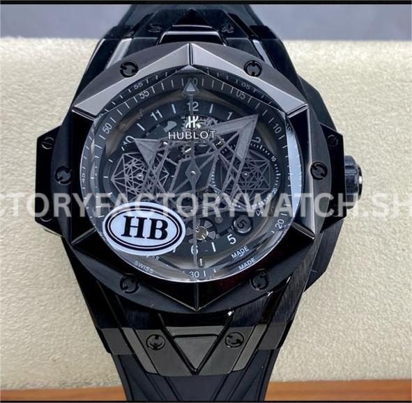 HB Factory Hublot Big Bang Sang Bleu 418.CX.1114.RX.MXM20 45mm ceramic black rubber strap grey needle skeletonized black dial replica watch