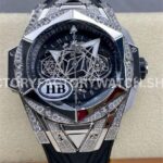 HB Factory Hublot Big Bang Sang Bleu 418.NX.1107.RX.1604.MXM20 45mm titanium diamond black rubber strap skeletonized black dial replica watch