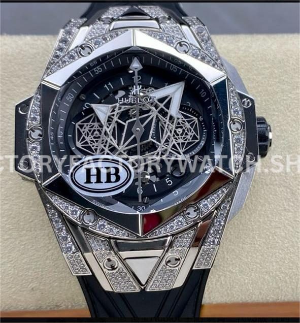 HB Factory Hublot Big Bang Sang Bleu 418.NX.1107.RX.1604.MXM20 45mm titanium diamond black rubber strap skeletonized black dial replica watch