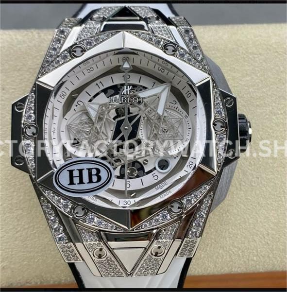 HB Factory Hublot Big Bang Sang Bleu 418.NX.2001.RX.1604.MXM20 45mm titanium diamond white rubber strap skeletonized white dial replica watch