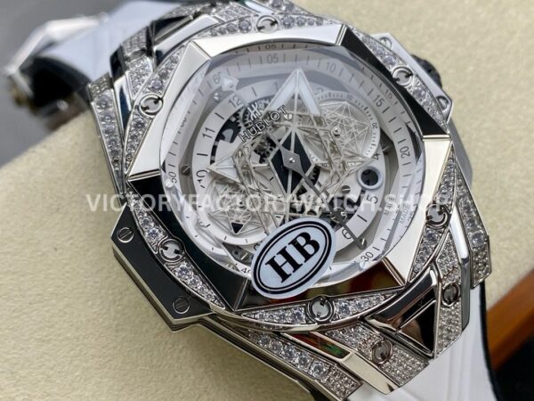 HB Factory Hublot Big Bang Sang Bleu 418.NX.2001.RX.1604.MXM20 45mm Titanium Diamond White Rubber Strap Skeletonized White Dial