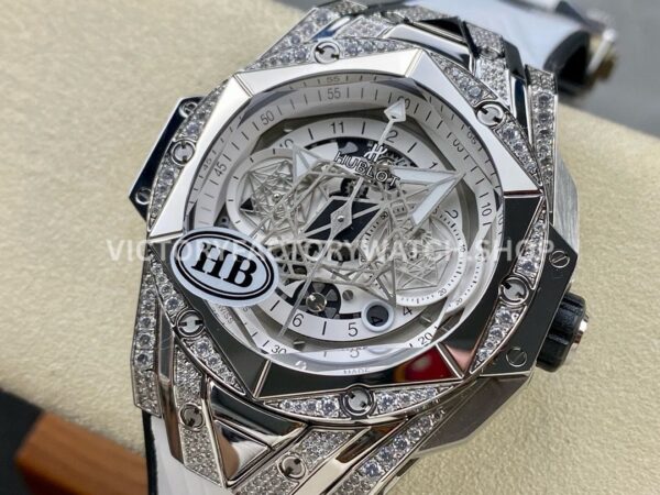 HB Factory Hublot Big Bang Sang Bleu 418.NX.2001.RX.1604.MXM20 45mm Titanium Diamond White Rubber Strap Skeletonized White Dial
