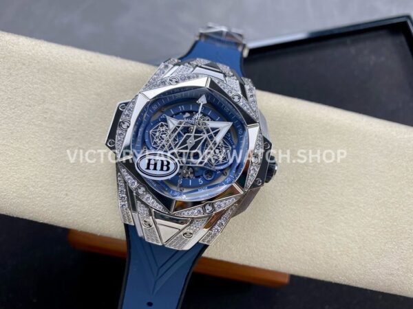 HB Factory Hublot Big Bang Sang Bleu 418.NX.5107.RX.1604.MXM20 45mm Titanium Diamond Blue Rubber Strap Skeletonized Blue Dial