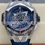 HB Factory Hublot Big Bang Sang Bleu 418.NX.5107.RX.1604.MXM20 45mm titanium diamond blue rubber strap skeletonized blue dial replica watch