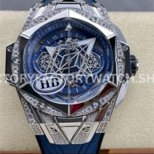 HB Factory Hublot Big Bang Sang Bleu 418.NX.5107.RX.1604.MXM20 45mm titanium diamond blue rubber strap skeletonized blue dial replica watch