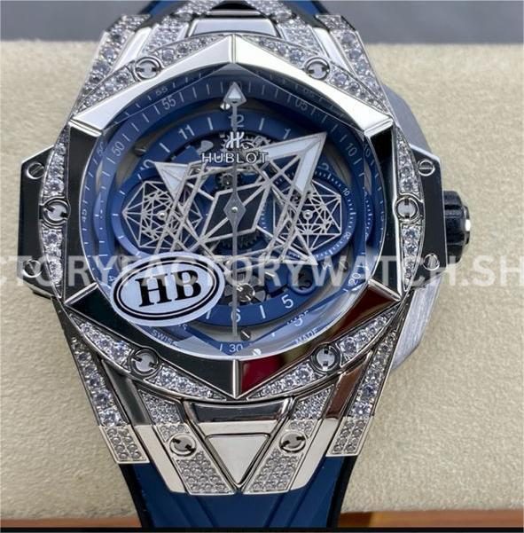 HB Factory Hublot Big Bang Sang Bleu 418.NX.5107.RX.1604.MXM20 45mm titanium diamond blue rubber strap skeletonized blue dial replica watch