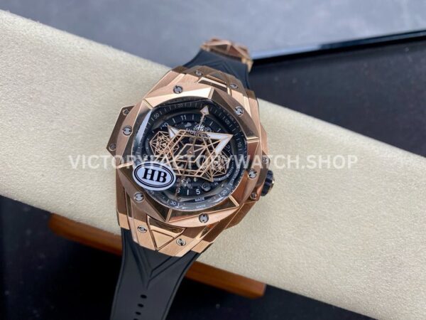 HB Factory Hublot Big Bang Sang Bleu 418.OX.1108.RX.MXM19 45mm Rose Gold Black Rubber Strap Skeletonized Black Dial