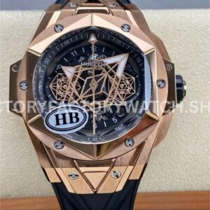 HB Factory Hublot Big Bang Sang Bleu 418.OX.1108.RX.MXM19 45mm rose gold black rubber strap skeletonized black dial replica watch