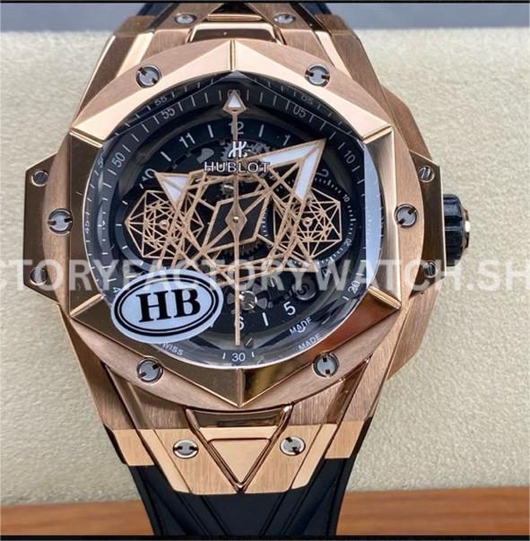 HB Factory Hublot Big Bang Sang Bleu 418.OX.1108.RX.MXM19 45mm rose gold black rubber strap skeletonized black dial replica watch