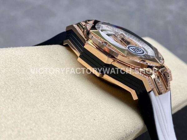 HB Factory Hublot Big Bang Sang Bleu 418.OX.2001.RX.1604.MXM20 45mm Rose Gold Diamond White Rubber Strap Skeletonized White Dial