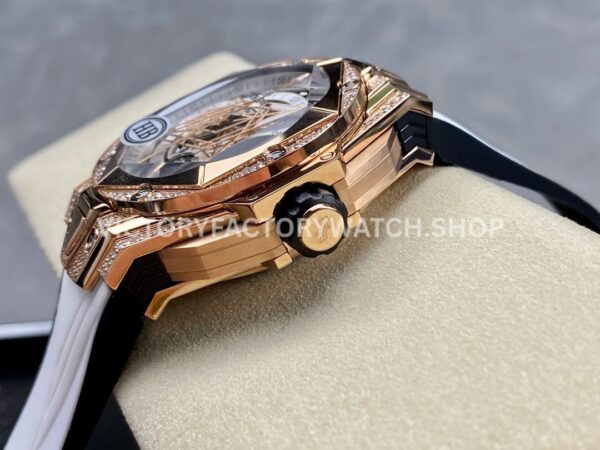 HB Factory Hublot Big Bang Sang Bleu 418.OX.2001.RX.1604.MXM20 45mm Rose Gold Diamond White Rubber Strap Skeletonized White Dial