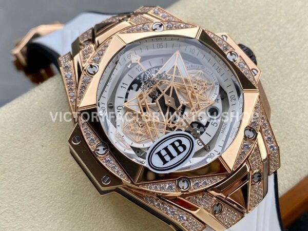 HB Factory Hublot Big Bang Sang Bleu 418.OX.2001.RX.1604.MXM20 45mm Rose Gold Diamond White Rubber Strap Skeletonized White Dial