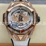 HB Factory Hublot Big Bang Sang Bleu 418.OX.2001.RX.1604.MXM20 45mm rose gold diamond white rubber strap skeletonized white dial replica watch