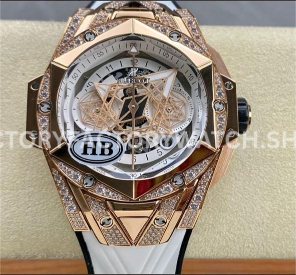 HB Factory Hublot Big Bang Sang Bleu 418.OX.2001.RX.1604.MXM20 45mm rose gold diamond white rubber strap skeletonized white dial replica watch