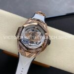 HB Factory Hublot Big Bang Sang Bleu 418.OX.2001.RX.1604.MXM20 45mm Rose Gold Diamond White Rubber Strap Skeletonized White Dial
