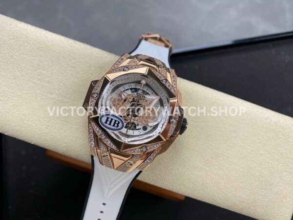 HB Factory Hublot Big Bang Sang Bleu 418.OX.2001.RX.1604.MXM20 45mm Rose Gold Diamond White Rubber Strap Skeletonized White Dial